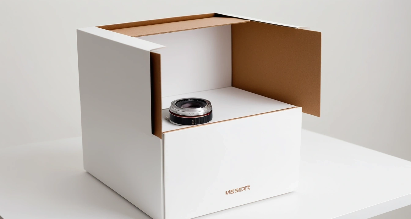 수리 서비스<br>- 해외 직구 가전 및 IT 기기의 국내 사후 서비스 한계 (close-up of a premium smartphone in a sleek unboxing box on a clean minimal desk, no people)